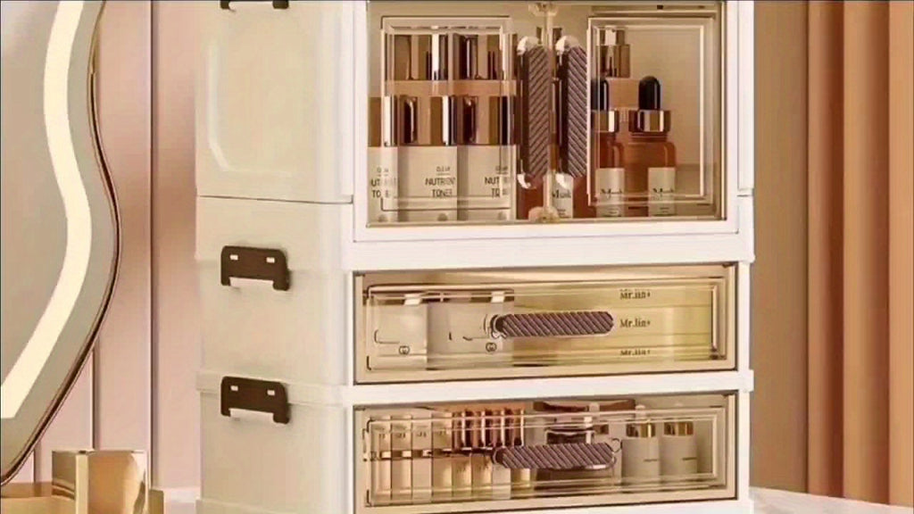Makeup Organizer with Transparent Drawers 3/4 Tier – Foldable Large Capacity Stackable Cosmetic Storage Cabinet, Retro White & Gold Aesthetic Organizer for Skincare, Documents & Books, Elegant Girl Gift