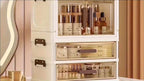 Makeup Organizer with Transparent Drawers 3/4 Tier – Foldable Large Capacity Stackable Cosmetic Storage Cabinet, Retro White & Gold Aesthetic Organizer for Skincare, Documents & Books, Elegant Girl Gift
