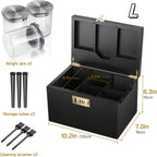 Bamboo Storage Box with Combination Lock Large Smell-Proof Wooden Box Kit with Sliding Tray, Removable Compartments, 3 Glass Jars, Brushes & Tubes – Elegant Desktop Organizer Gift Set for Home Office