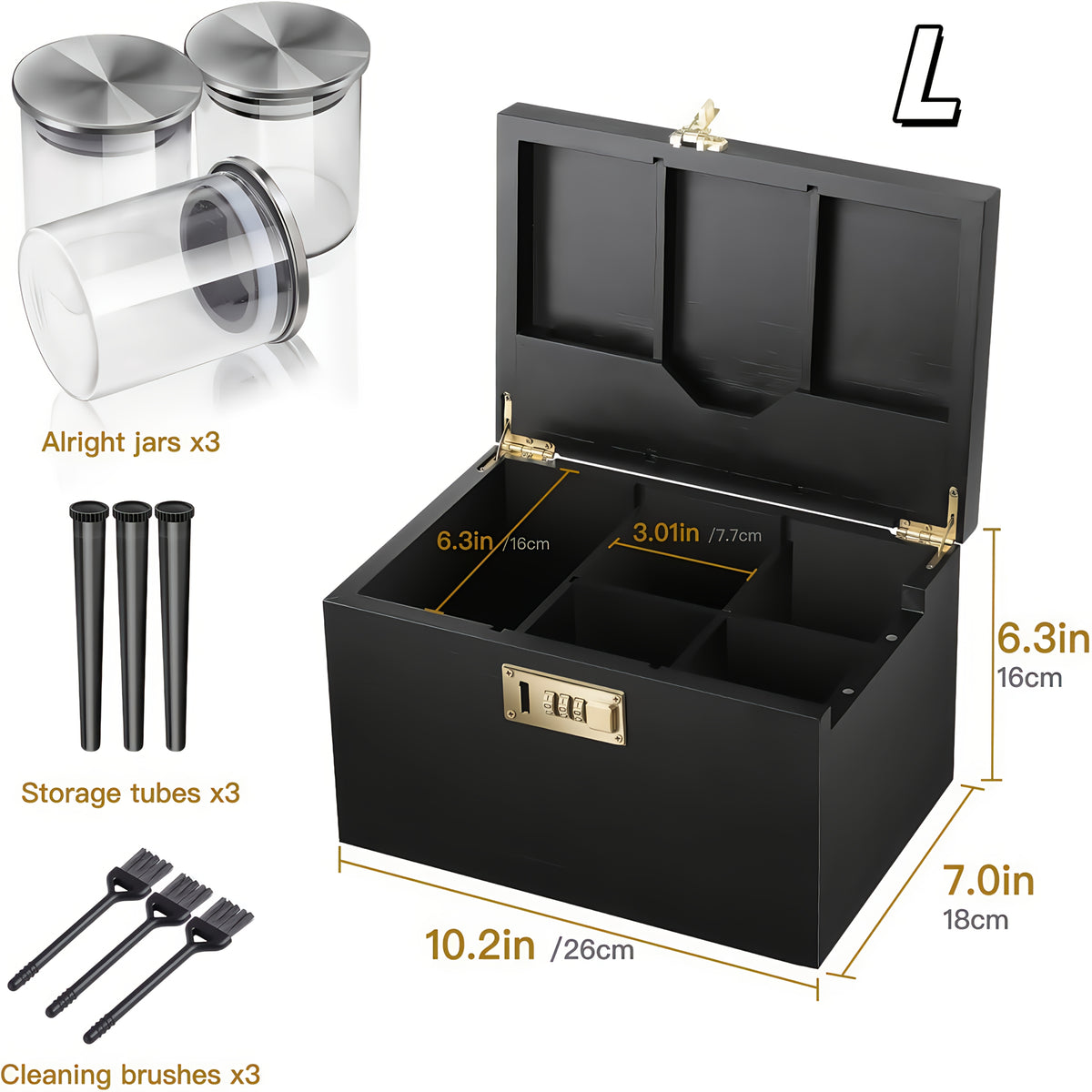 Bamboo Storage Box with Combination Lock Large Smell-Proof Wooden Box Kit with Sliding Tray, Removable Compartments, 3 Glass Jars, Brushes & Tubes – Elegant Desktop Organizer Gift Set for Home Office