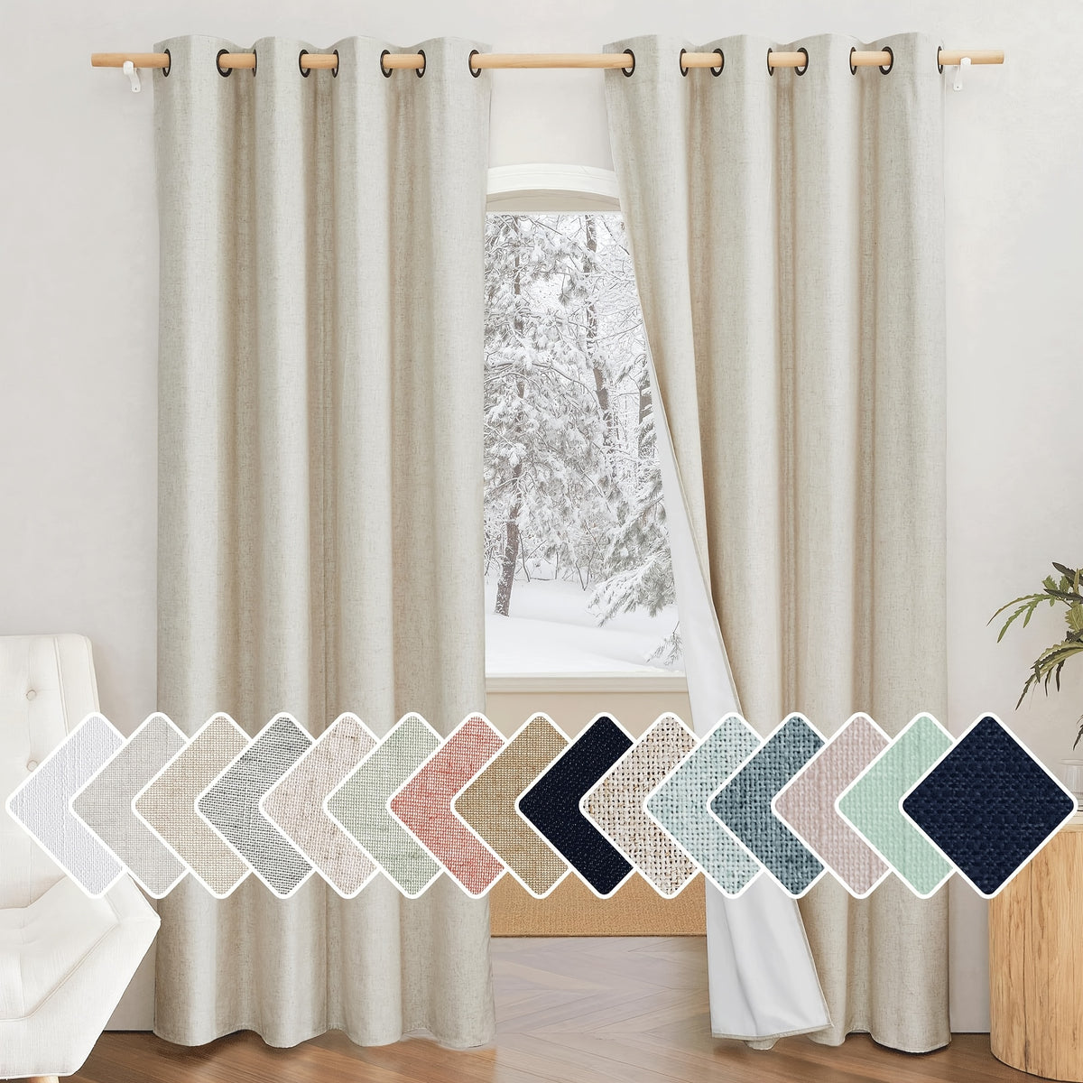 Linen Blackout Curtains 2 Panels 100% Farmhouse Grommet Top – Thermal Insulated Thick Window Drapes for Living Room Bedroom, 11 Colors 6 Sizes