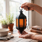 Moroccan Hanging Candle Lantern with Chain – Vintage Boho Style Iron & Glass Tealight Holder for Home, Patio, Garden, Wedding & Ramadan Decor (23.5" Overall)