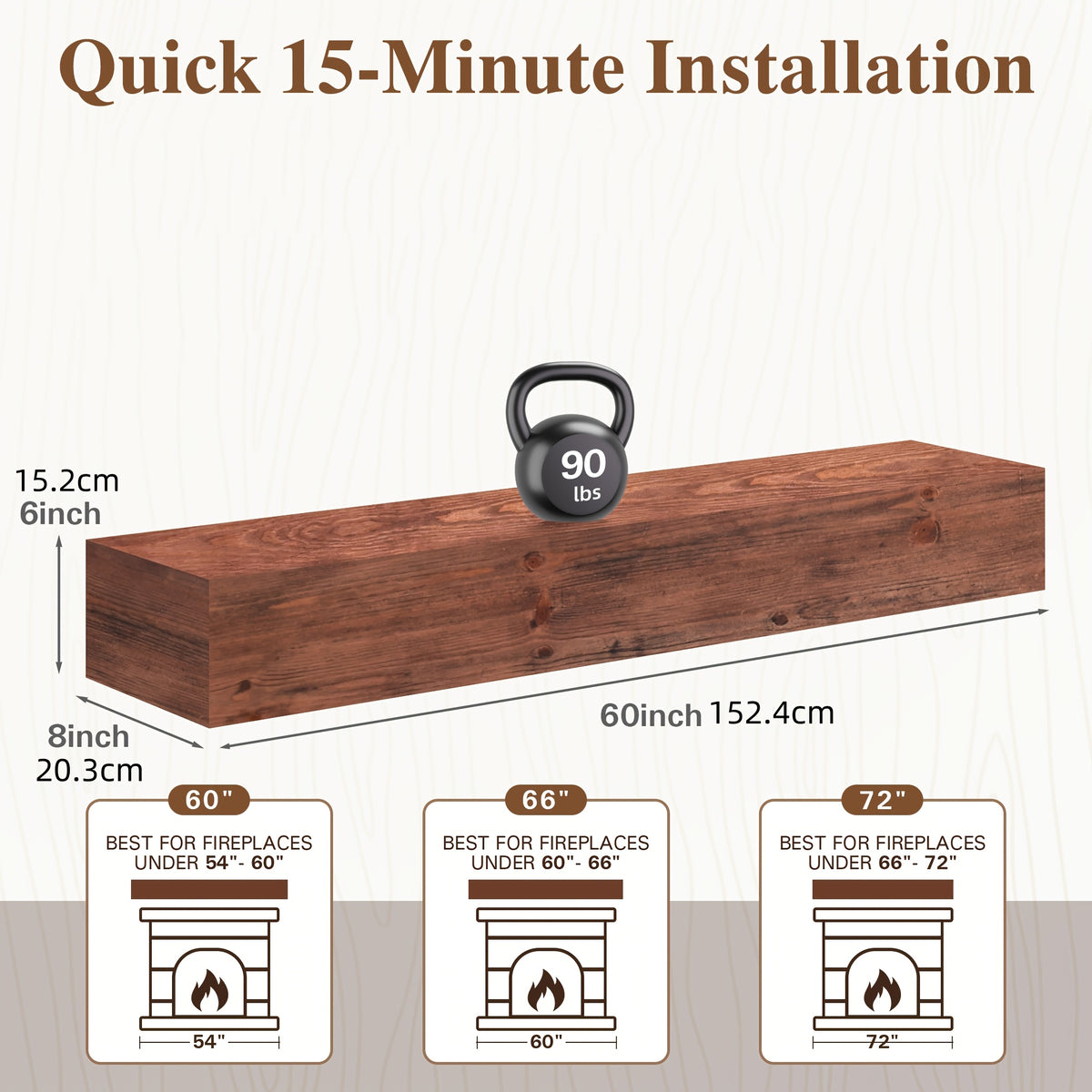 Wood Fireplace Mantel Floating Shelf – Heavy Duty Invisible Bracket | Wall Mounted Mantel for Over Fireplace | 5 Colors, 2 Lengths