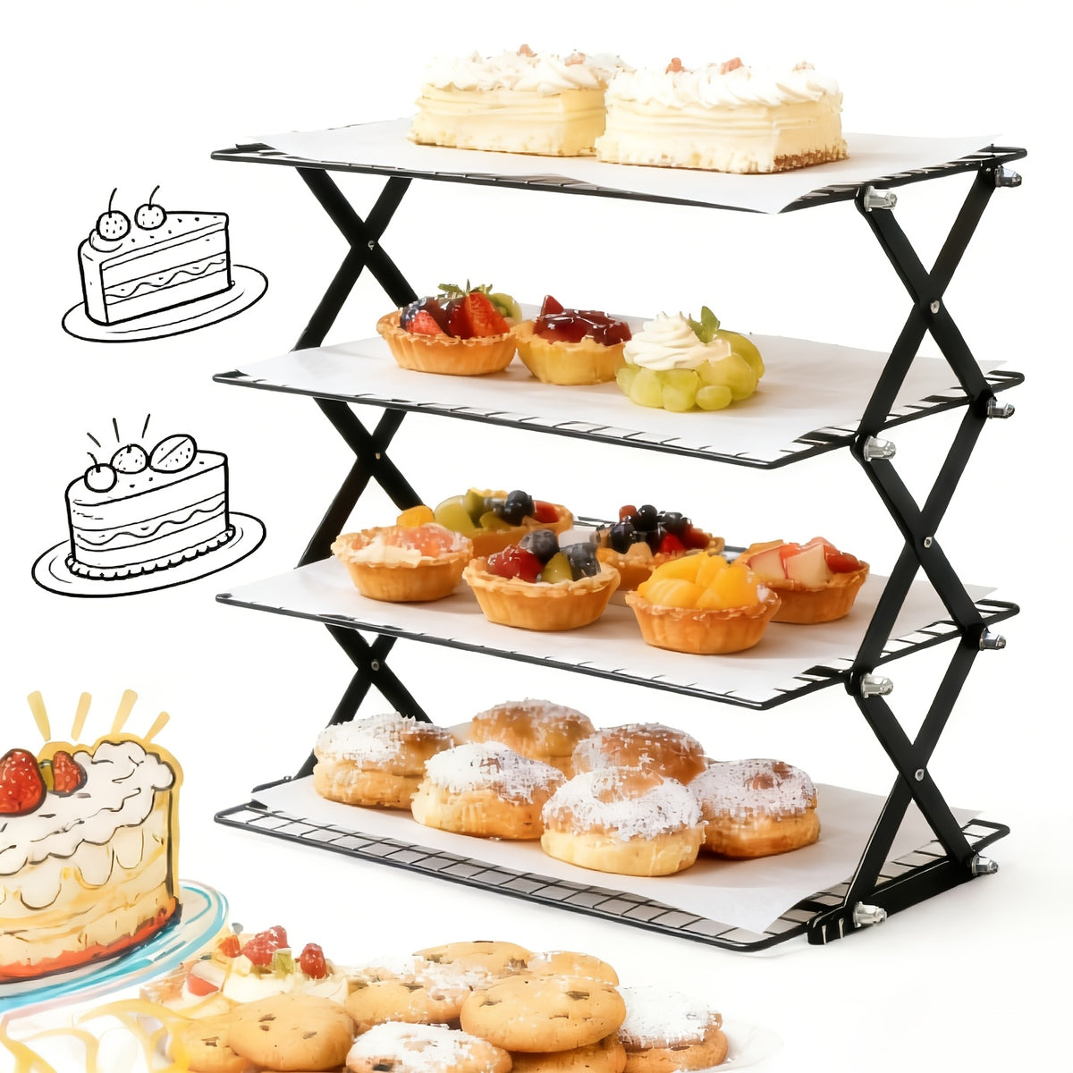 Foldable Cooling Rack 4-Tier Baking Wire Rack with 20pcs Parchment Paper – Collapsible Roasting Grilling Rack for Oven, Camping & Picnic