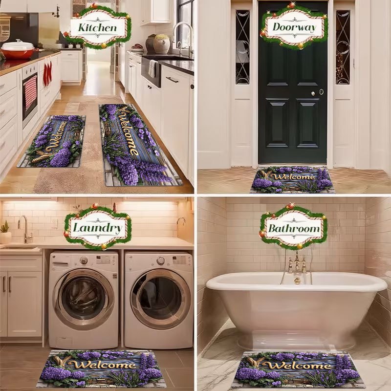 Floral Doormat Indoor Non-Slip Hydrangea Lavender Print Flannel Welcome Mat Easy Clean for Entrance Bedroom Living Room Holiday Decor 3 Sizes
