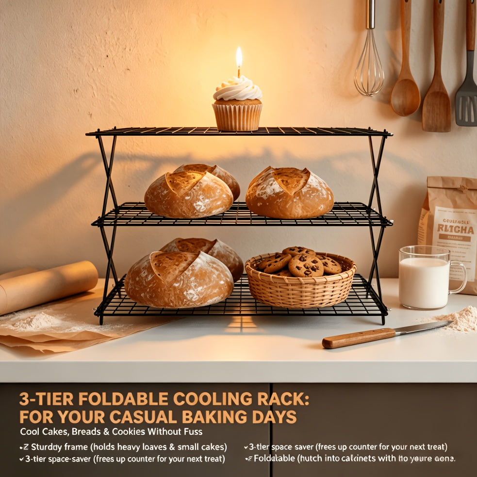 Foldable Cooling Rack 3-Layer Metal Wire Baking & Grilling Rack – Stackable Cake Cooling Tray for Baking, Roasting, Outdoor Picnic & Camping Grill