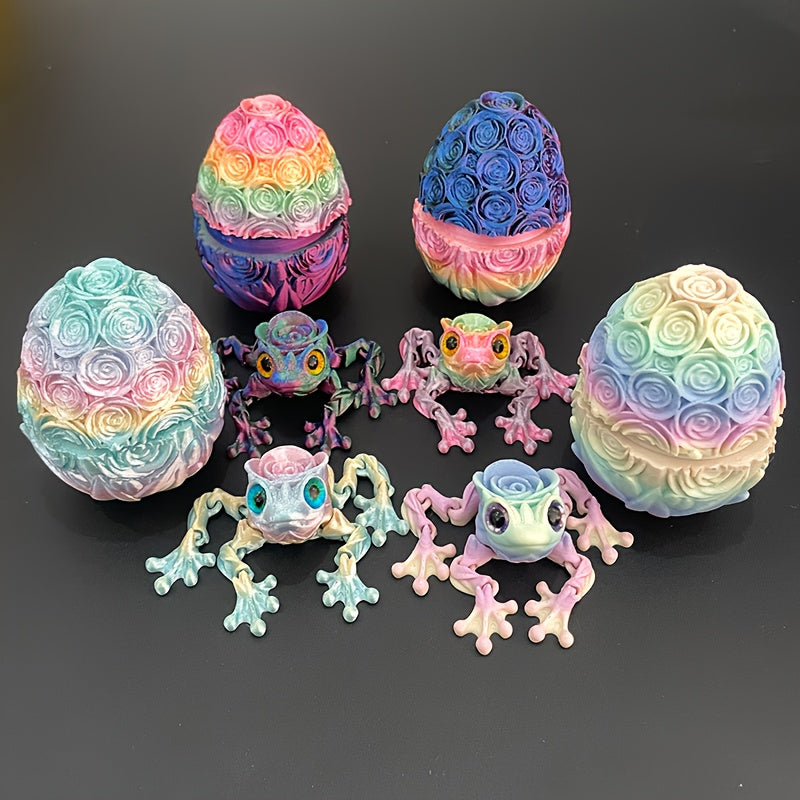 3D Printed Rose Frog & Rose Egg Statue Ornaments Set of 4 – Multicolor Desktop Decoration Figurines for Home Office Party Car Display, Unique Gift for Friends & Family, Random Color