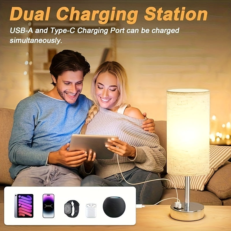 Dimmable Touch Bedside Table Lamp with Wood Base & USB-C Port – 3-Way Touch Control, Round Burlap Shade, A19 LED Bulb Included, 1/2 Pack