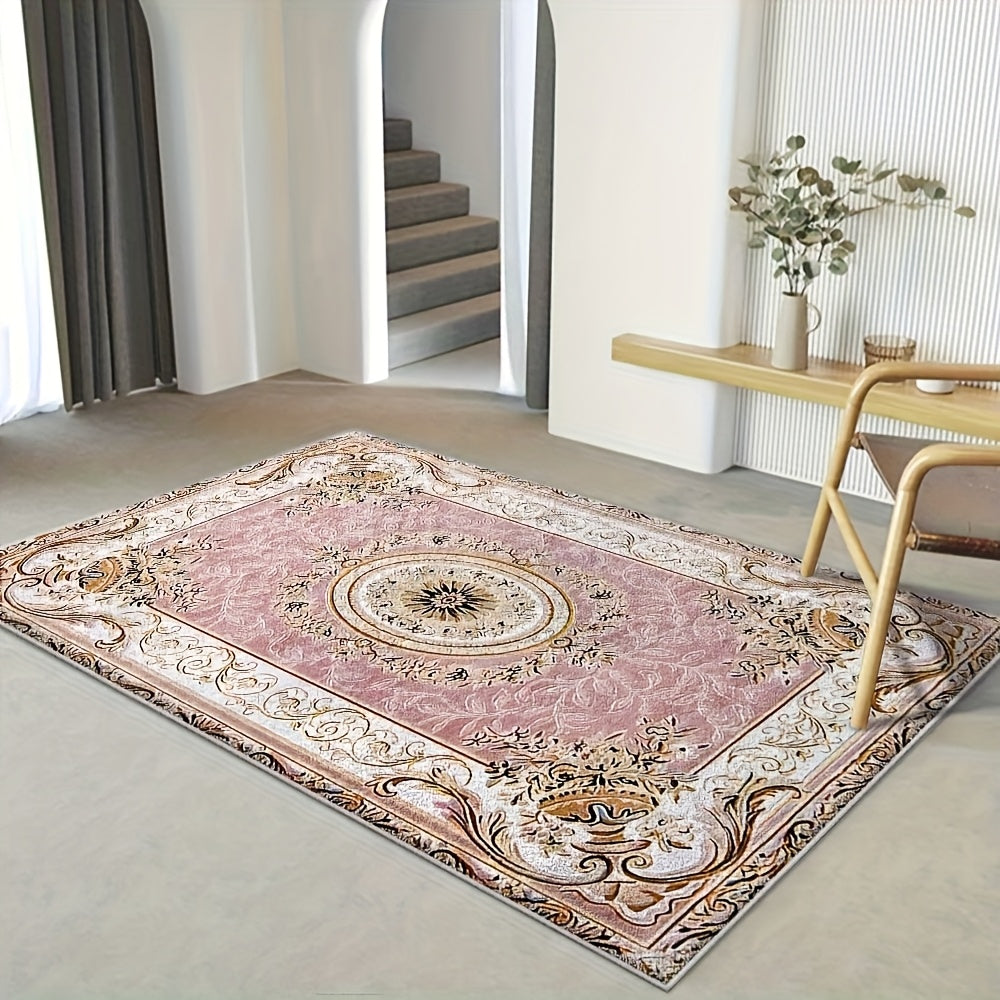 Luxury Velvet Floral Area Rug 852GSM Low Pile Machine Washable Non-Slip Vintage Checkered Design for Bedroom Living Room Dining Office 5 Sizes