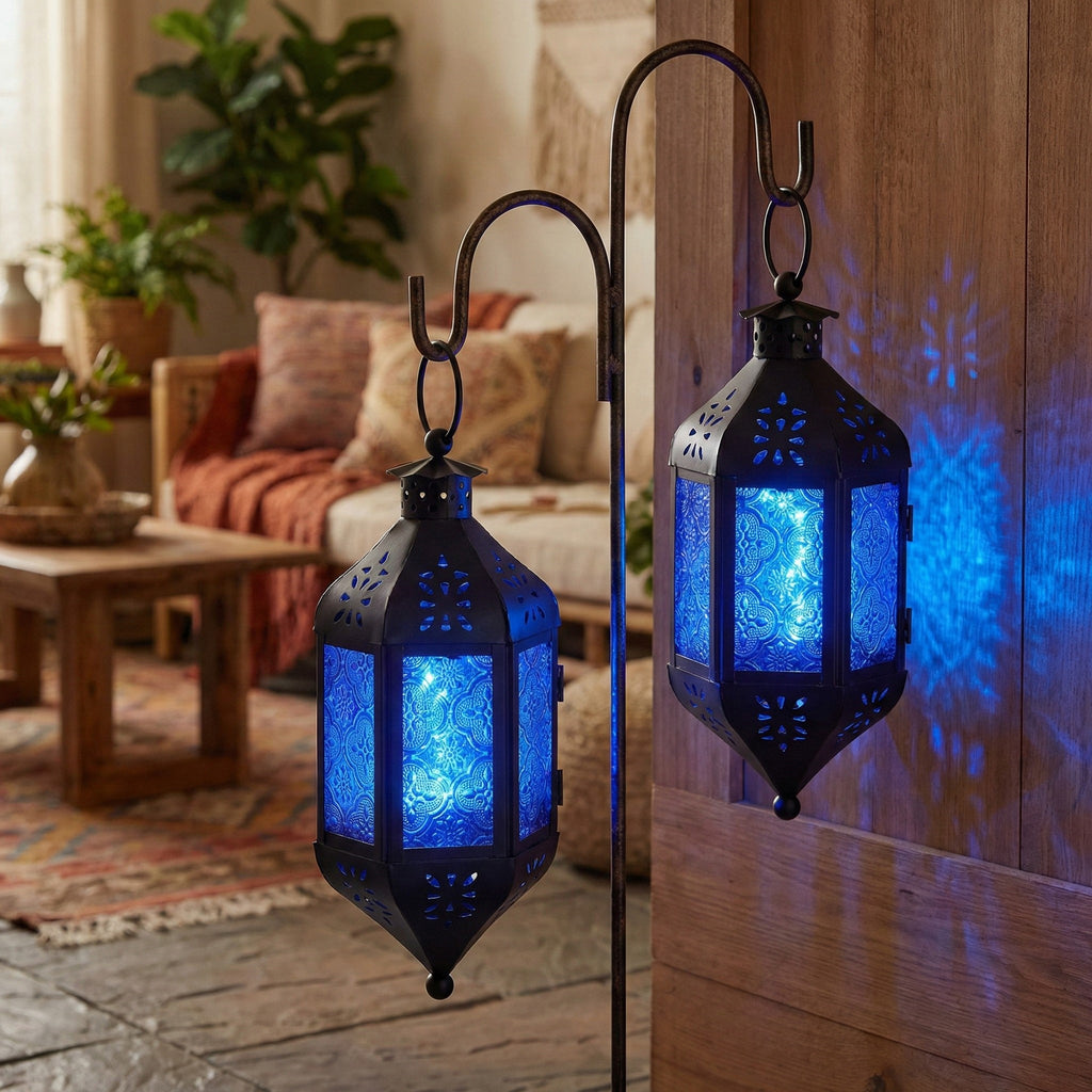 Moroccan Hanging Candle Lantern with Chain – Vintage Boho Style Iron & Glass Tealight Holder for Home, Patio, Garden, Wedding & Ramadan Decor (23.5" Overall)