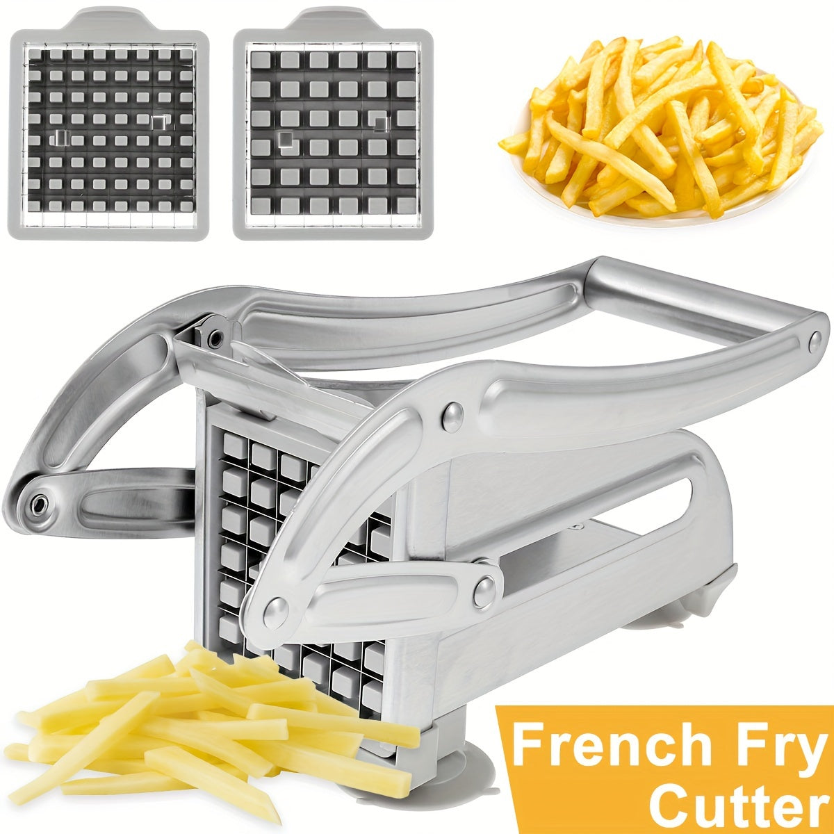 French Fry Cutter with 36 & 64 Hole Blades - Stainless Steel Potato Chipper Manual Slicer Dicer for Homemade Fries, Chips & Vegetables