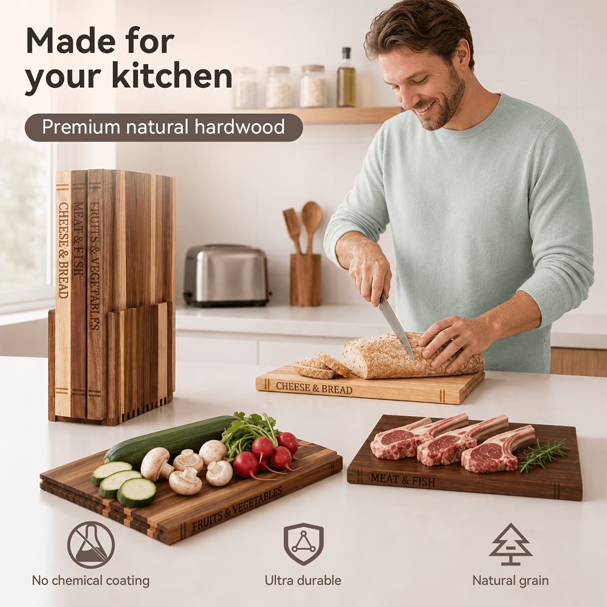 Acacia Wood Cutting Board Set 3-Piece with Stand – Book-Shaped Decorative Chopping Boards for Vegetables, Cheese, Bread & Meat, Kitchen Gift Set