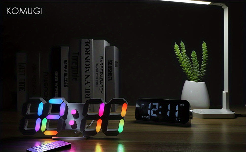 RGB Neon LED Digital Wall Clock 9.7" Large Display with Remote Control – 3D Aesthetic Alarm Clock, Adjustable Brightness, Date & Temperature Display for Bedroom, Living Room, Office, Gym