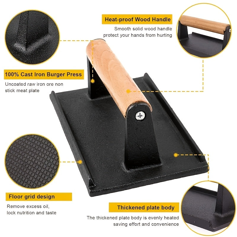 Cast Iron Smash Burger Press – Heavy Duty Dual-Size Beef Patty Smasher with Ergonomic Wood Handle, Grill Press for BBQ & Kitchen Smash Burgers, Round & Square