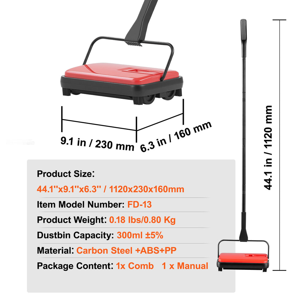 Manual Carpet Sweeper No Battery Needed 300ml Dustbin 180° Rotating Head Floor Sweeper for Carpet Hardwood Tile Pet Hair Home Office