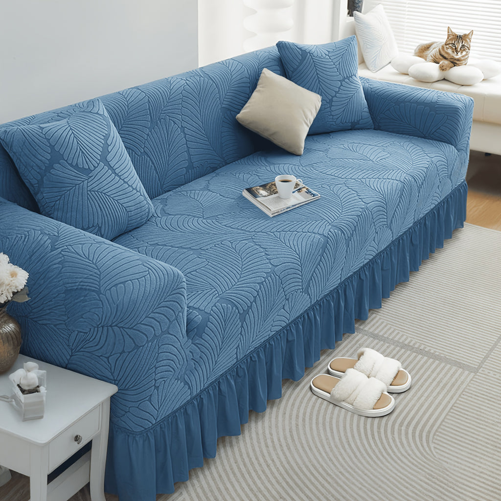 Luxury Skirted Sofa Cover Full Coverage Stretch Velvet Slipcover – Anti-Slip Pet-Friendly Couch Protector for 1/2/3/4-Seater, Soft Warm Furniture Cover in Navy Blue & Charcoal Gray for Winter Christmas Home Decor