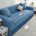 Luxury Skirted Sofa Cover Full Coverage Stretch Velvet Slipcover – Anti-Slip Pet-Friendly Couch Protector for 1/2/3/4-Seater, Soft Warm Furniture Cover in Navy Blue & Charcoal Gray for Winter Christmas Home Decor