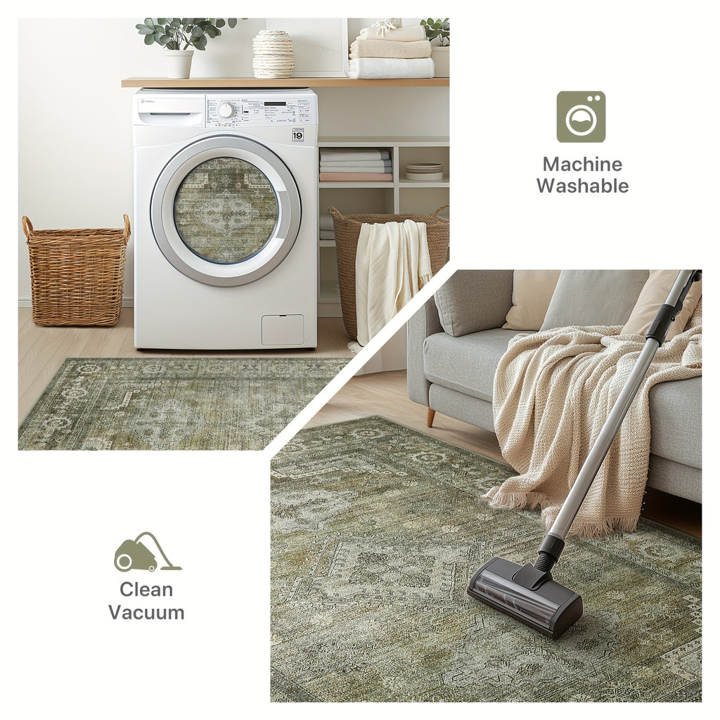 Washable Area Rug Sage Green Vintage Print - Low Pile Non-Slip Backing, Machine Washable Thin Flat Rug for Living Room Bedroom Entryway, Multiple Sizes