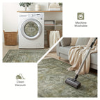 Washable Area Rug Sage Green Vintage Print - Low Pile Non-Slip Backing, Machine Washable Thin Flat Rug for Living Room Bedroom Entryway, Multiple Sizes