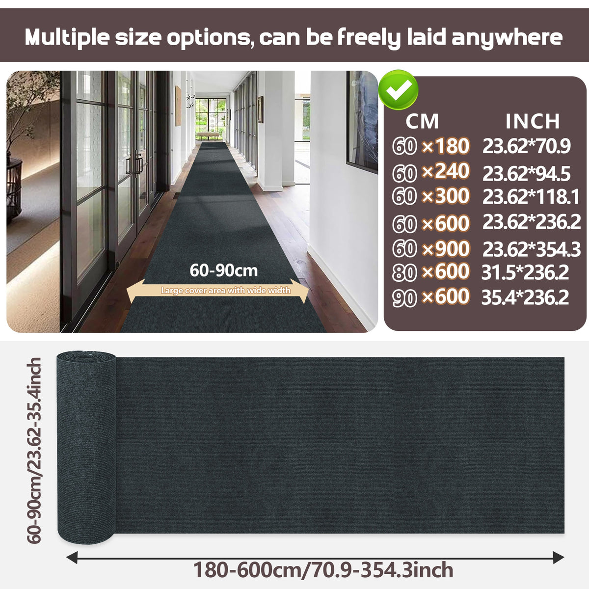 Non-Slip Striped Runner Mat – Self-Adhesive Trimmable Polyester Carpet for Hallway, Kitchen, Stairs, Garage & Patio | 5 Colors, 4 Sizes