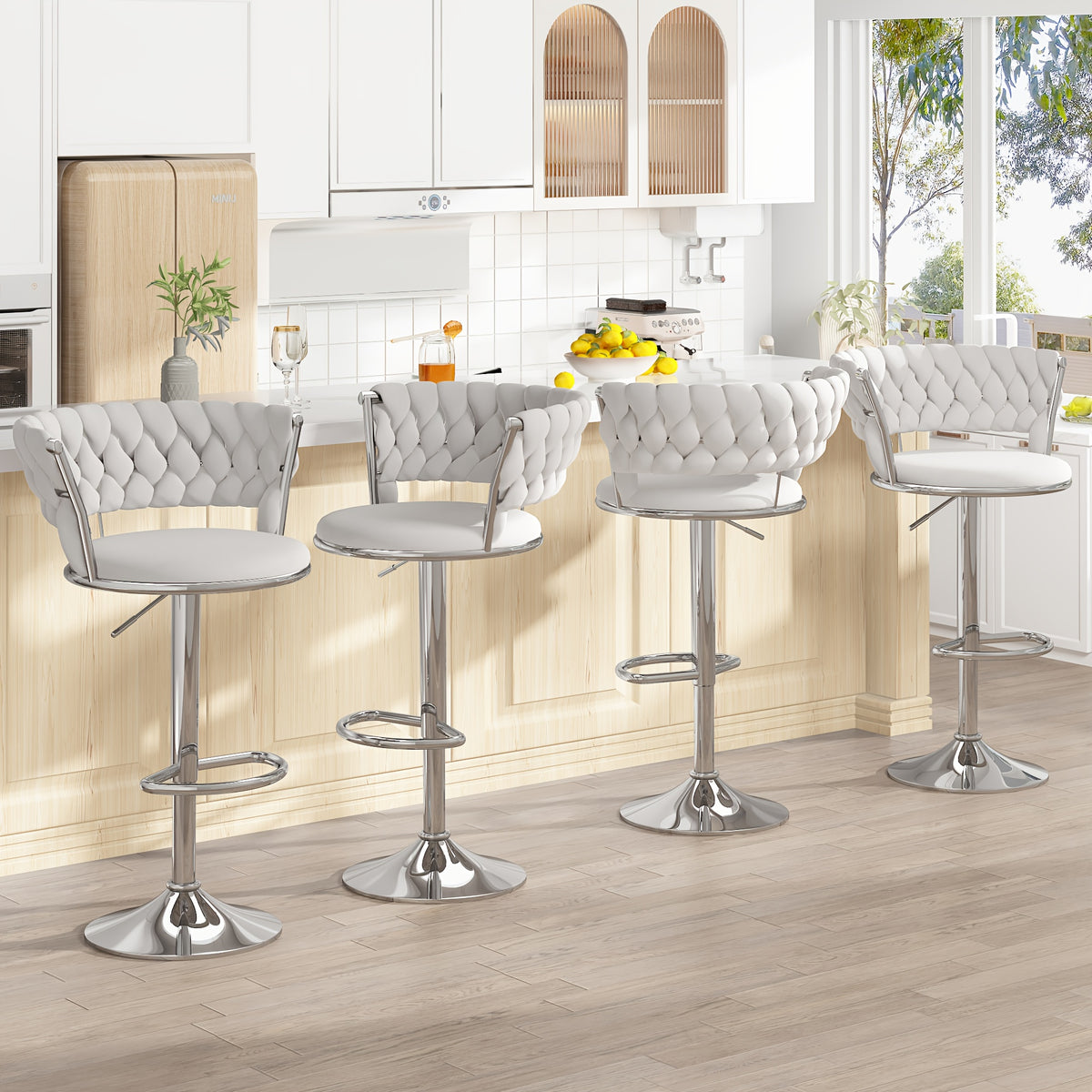 Bar Stools Set of 2 or 4 Adjustable Height Metal Leg Upholstered Counter Chairs for Kitchen Island Bar Living Room Dining Room – Glam Style
