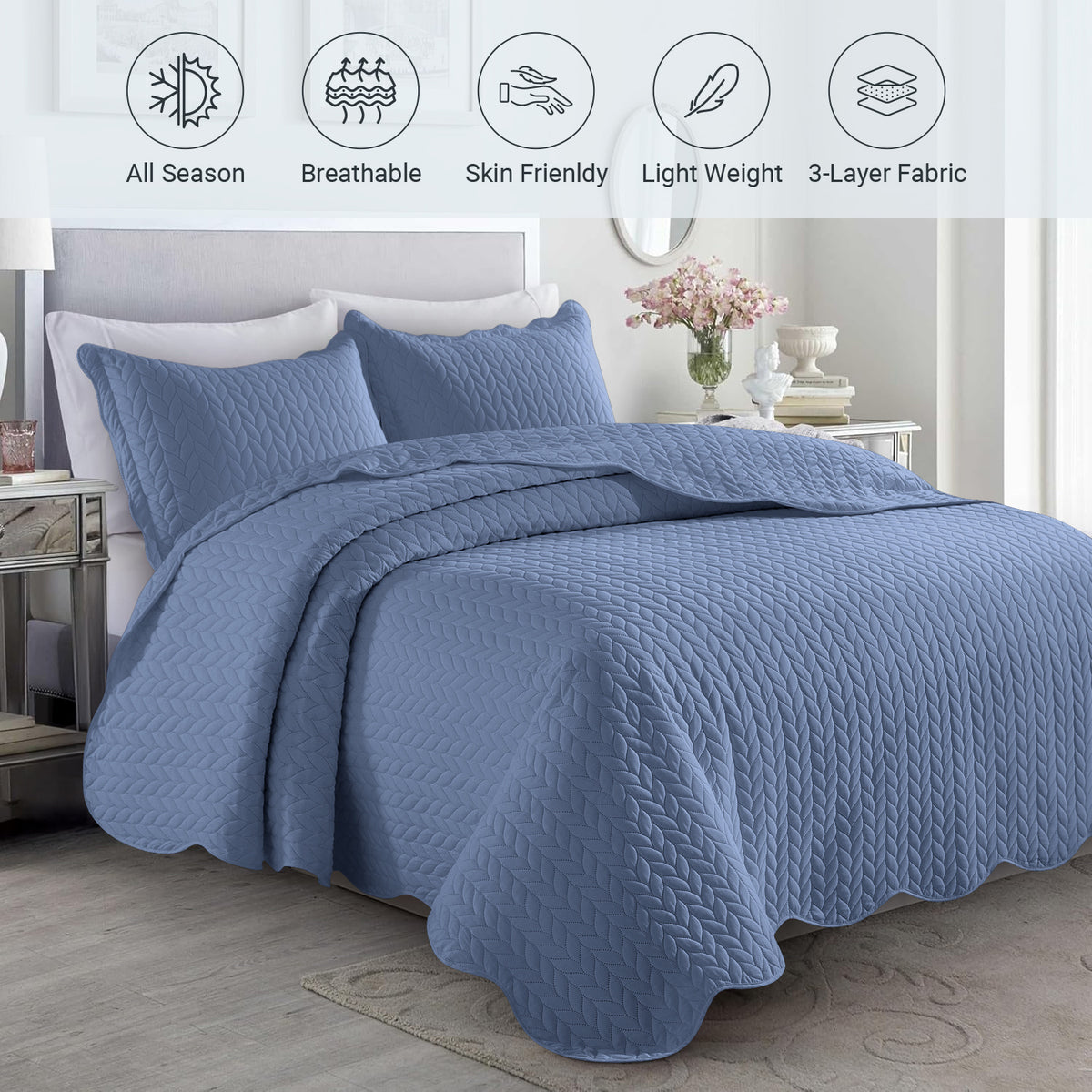 Microfiber Quilt Bedspread Set All Season Lightweight – Soft Breathable Quilted Coverlet Twin Full Queen King 16 Colors Machine Washable
