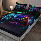 Gamepad Bed Sheet Set 3 Piece – Sports & Leisure Video Game Print Flat Sheet with 2 Pillowcases, Deep Pocket 15" Mattress Fit, High Definition Print Bedroom Decor Gift for Boys and Girls