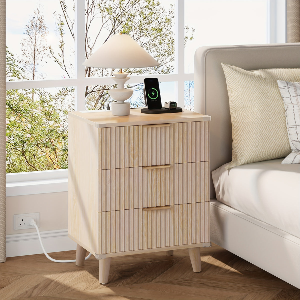 Nightstand with Charging Station – 3-Drawer Bedside Table with 2 USB Ports & 2 AC Outlets, Small Bedroom Side Table | Set of 1 or 2 | Wood, Black, White, Brown