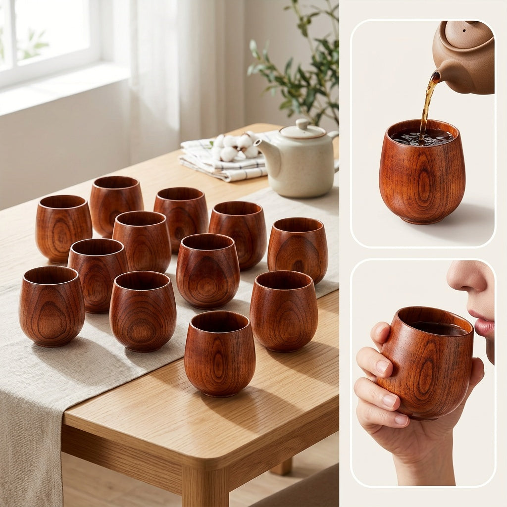 Wooden Tea Cups Set of 10 | Japanese Solid Wood Coffee Mugs 6oz Natural Drinking Teacup for Milk Hot Drinks Home & Kitchen