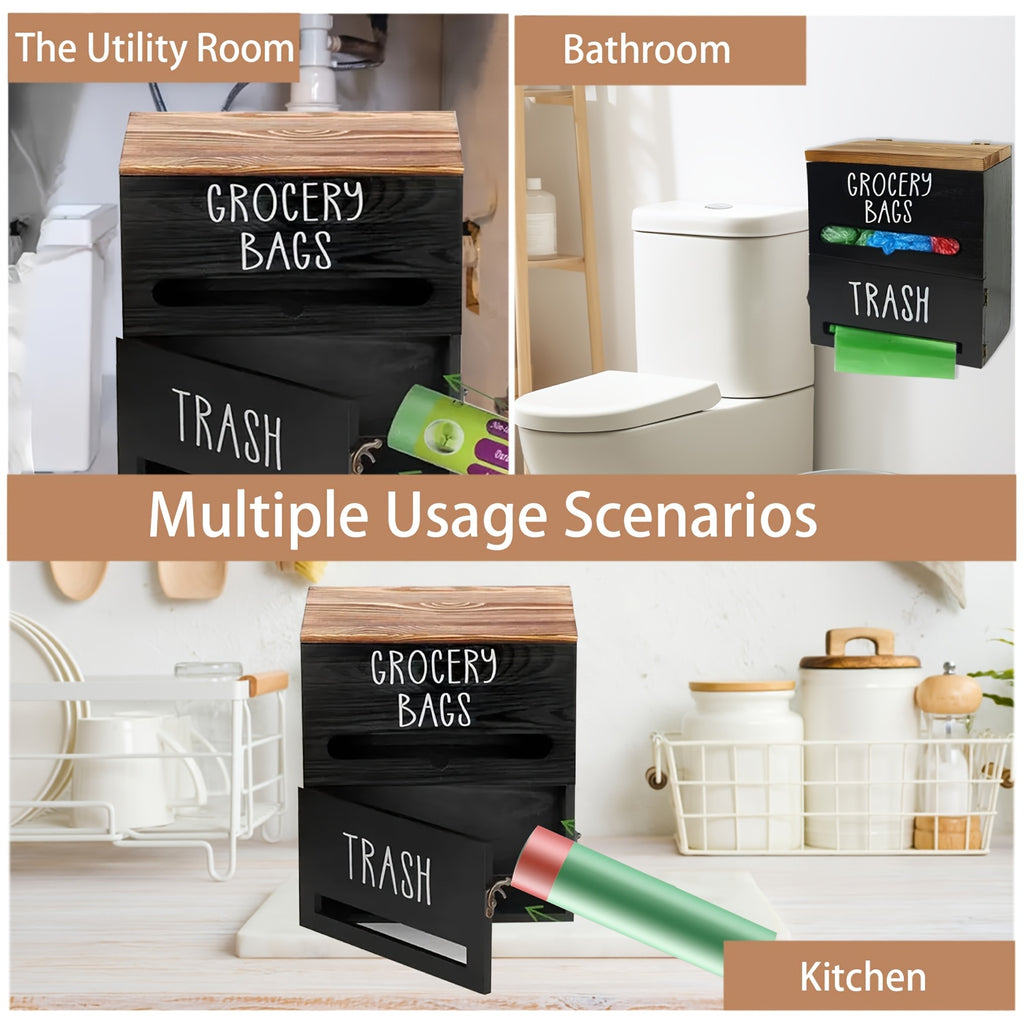 2-in-1 Wooden Garbage Bag Dispenser & Organizer - Wall-Mount or Cabinet Hanging Bag Holder for Kitchen & Bathroom, Large Capacity, White or Black