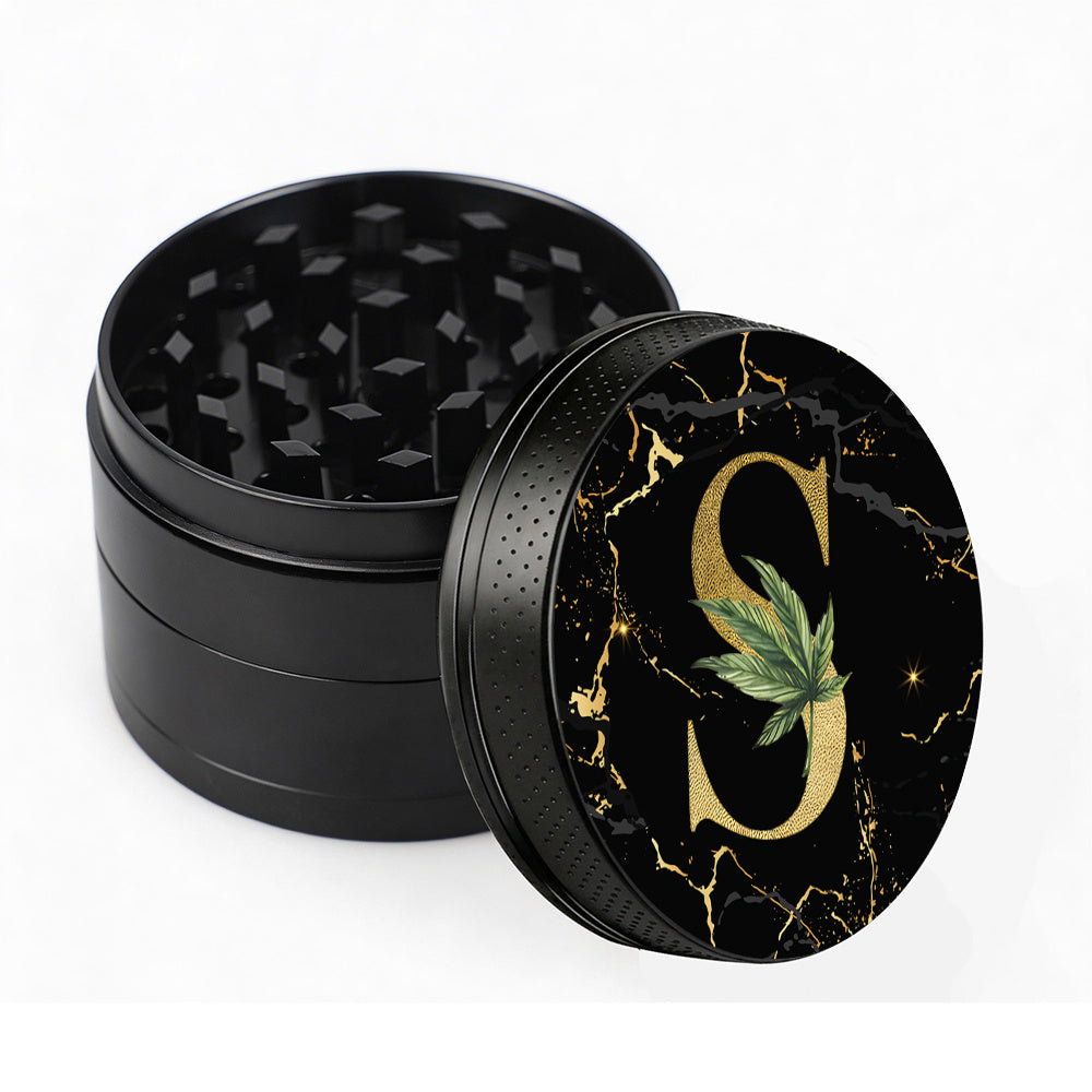 Manual Spice & Herb Grinder with Pollen Catcher - Personalized A-Z Initial Letter Metal Crusher, Portable 2 Inch Golden Marble Alphabet Design, Gift for Smokers & Herb Lovers (Black)