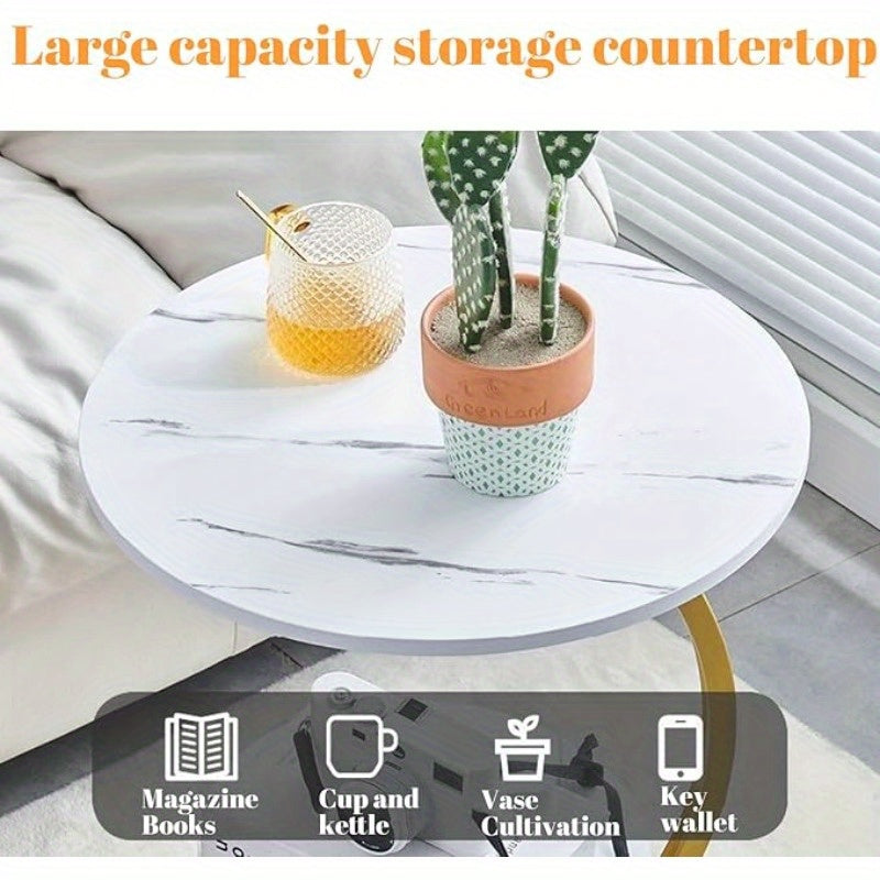 Marble Pattern Wrought Iron Side Table Modern Minimalist Sofa End Table for Living Room Bedroom Small Space