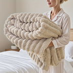Luxury Faux Rabbit Hair Blanket – Soft Warm Wide Stripe Double-Sided Throw | Machine Washable | Twin, Full, Queen & King | Khaki, Cream, Gray, Black