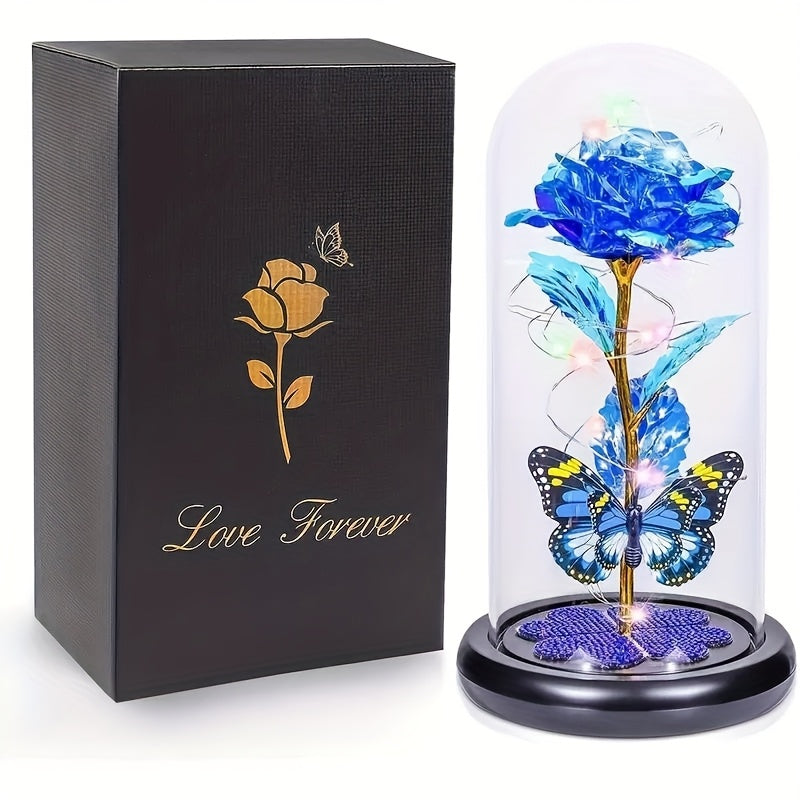 Galaxy Glass Rose Dome Eternal Crystal Flower with Butterfly LED Glow Night Light Gift for Mom Wife Sister Daughter Mother's Day Birthday Valentine's Day Purple