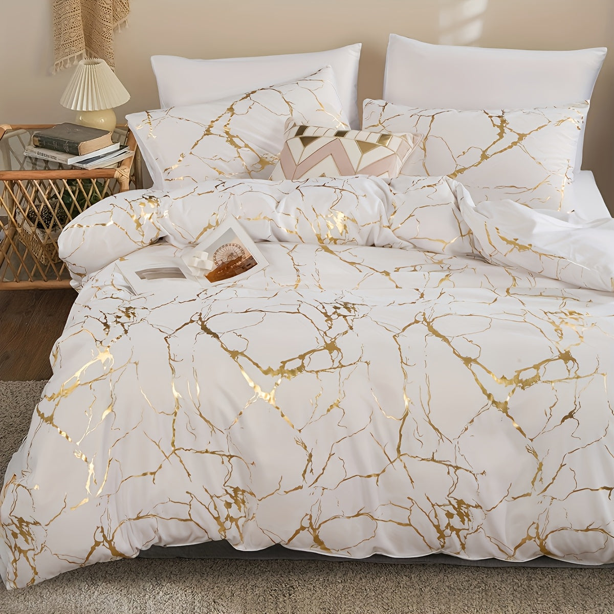 Duvet Cover Set Queen King Twin Full - Bronzing Texture Soft Breathable Bedding, 3-Piece with Pillowcases, All-Season Luxury Bedroom Decor, White Khaki Black