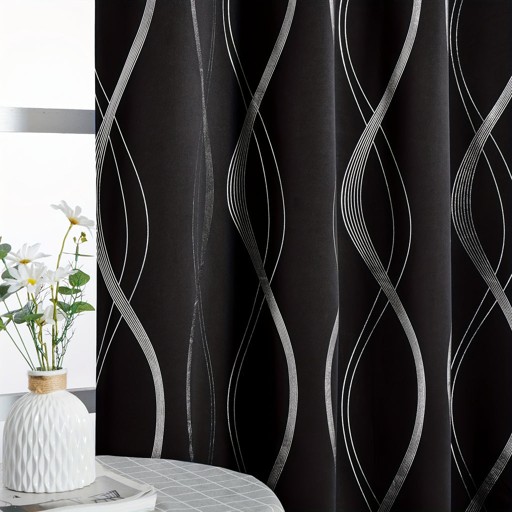 Blackout Curtains 2 Panels Set Grommet Top Thermal Insulated – Noise Reducing Wave Foil Print Drapes Bedroom Living Room Patio Sliding Door