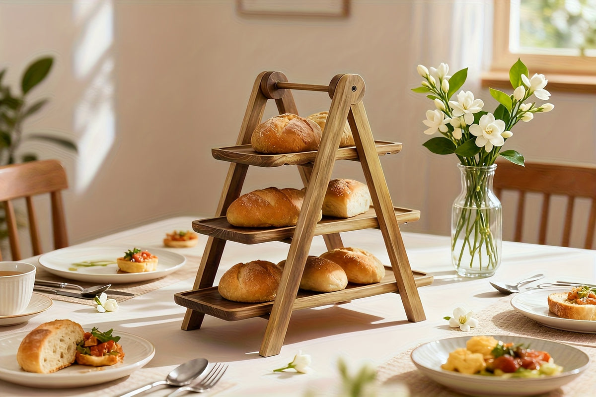 3 Tier Wood Dessert Stand Foldable Natural A-Frame Tray for Wedding Party Home Hotel Restaurant Event Cupcake Cake Display Sturdy Serving Stand