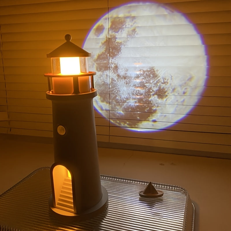 Moon Lighthouse Night Light with Projector & Motion Sensor, USB Rechargeable or Plug-In Moonlight Lamp with Auto-On Body Sensor, Decorative Bedroom Night Light & Unique Home Decor Gift