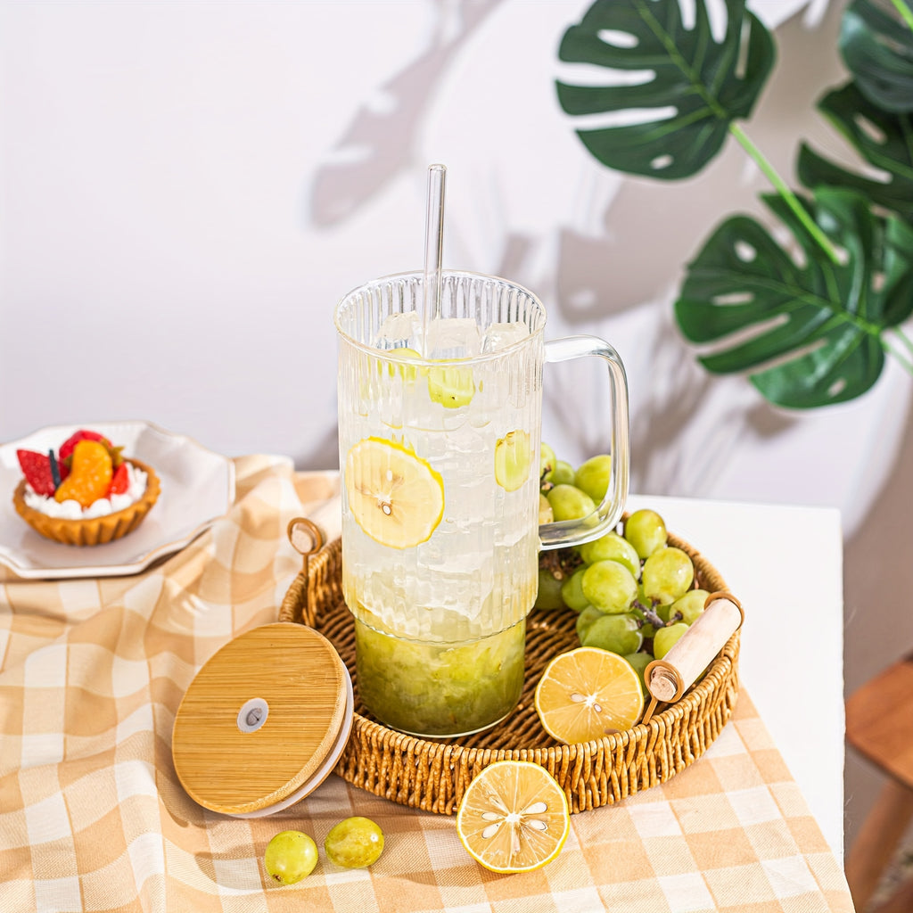 32oz Ribbed Glass Cup with Handle, Bamboo Lid & Straw – Large Clear Glass Tumbler for Iced Coffee, Hot & Cold Drinks – Aesthetic Glassware for Home & Office