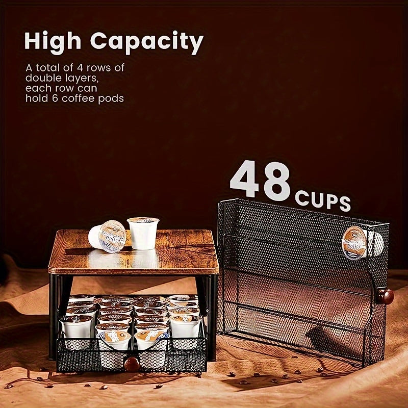 2-Tier K-Cup Coffee Pod Holder Stand | 48 Capsule Wood & Iron Coffee Station Organizer Space Saving Rack