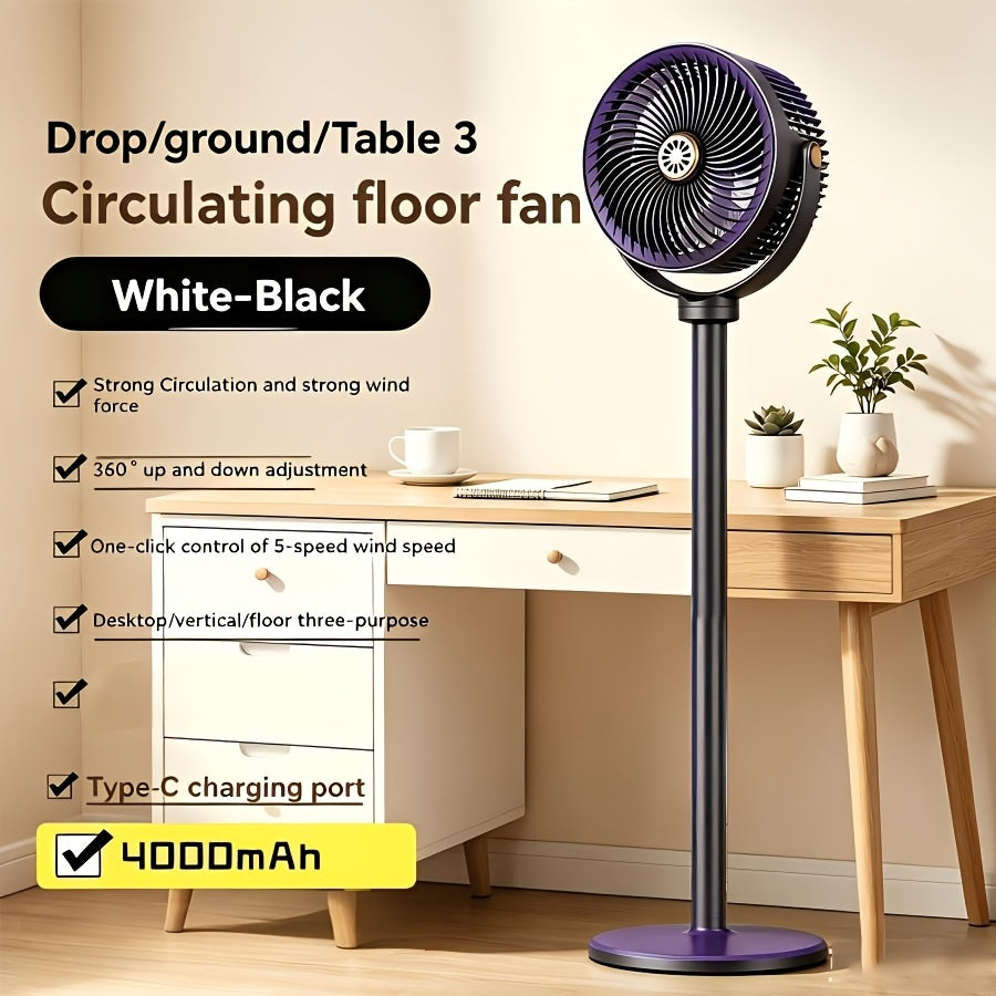 5-in-1 RV Ventilation USB Fan 4000mAh 5 Speed Settings Dual Head Type-C & USB Charging Port for Indoor Outdoor Bedroom Office Camping RV Personal Cooling