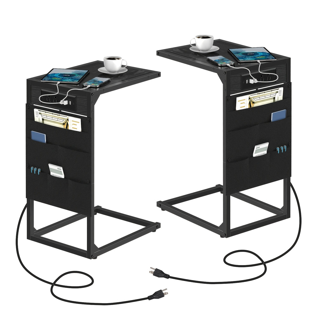 C-Shaped End Table with Charging Station – Sofa Side Table, 50LBS Capacity, Slides Under Sofa, Snack & Laptop Table for Living Room Bedroom (1pc/2pcs, w/wo Storage Bag)