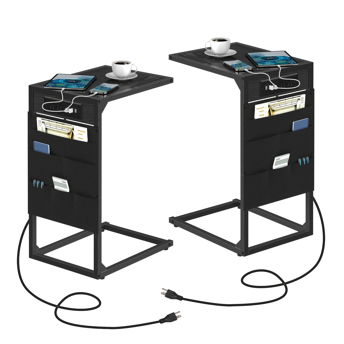 C-Shaped End Table with Charging Station – Sofa Side Table, 50LBS Capacity, Slides Under Sofa, Snack & Laptop Table for Living Room Bedroom (1pc/2pcs, w/wo Storage Bag)