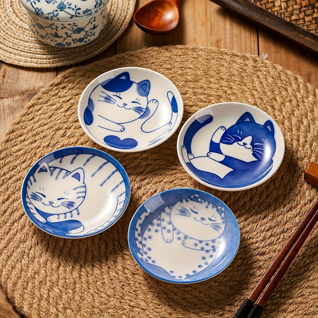 Cat Shaped Ceramic Mini Dish Set 8 Piece – 4 Inch Soy Sauce Bowls for Side Dishes, Condiments & Serving – Cute Kitchenware for Home & Restaurant