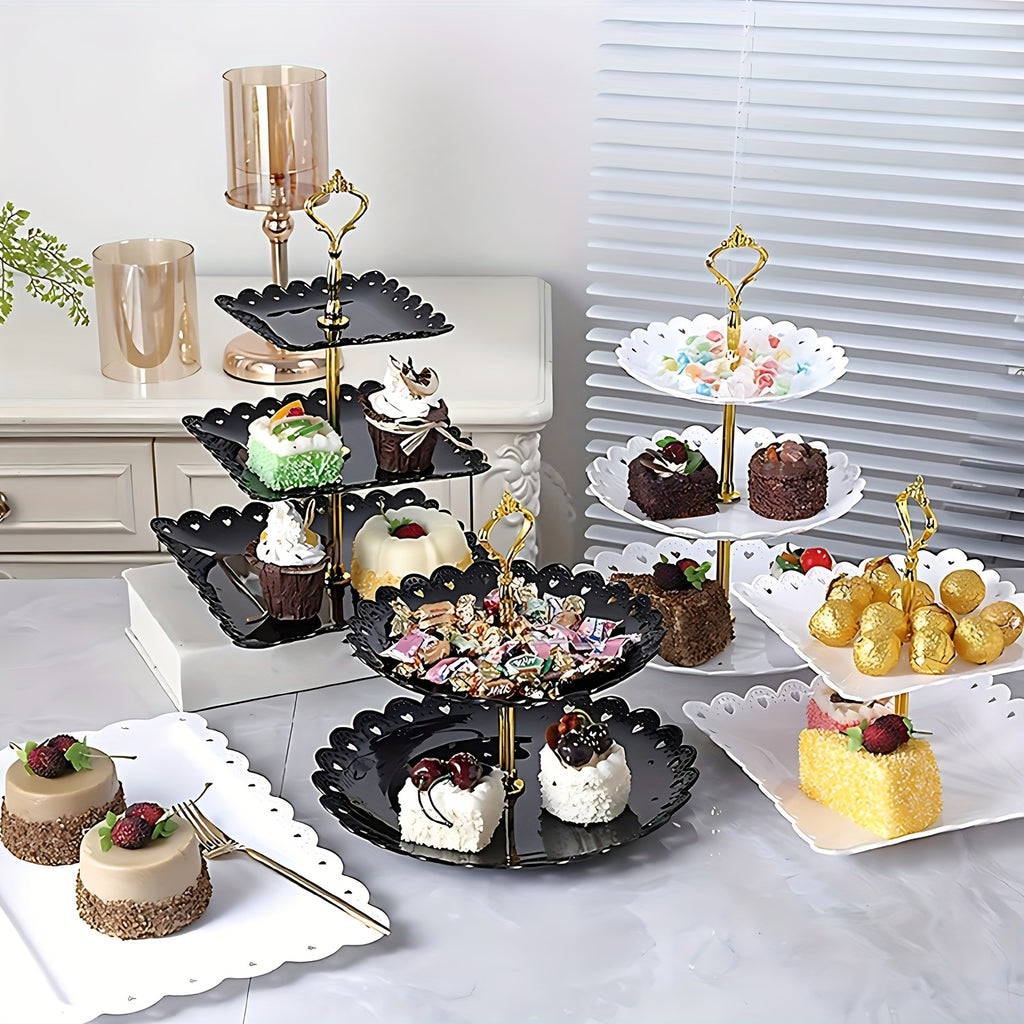 Tiered Dessert Display Stand 6 Piece Set Three-Tier Two-Tier Shelf and Dessert Tray for Birthday Party Tea Party Cupcake Cake Serving Pink White
