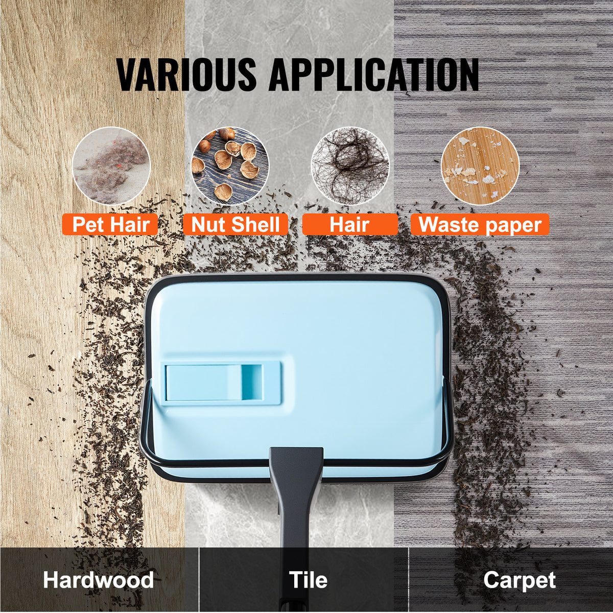 Manual Carpet Sweeper No Battery Needed 300ml Dustbin 180° Rotating Head Floor Sweeper for Carpet Hardwood Tile Pet Hair Home Office