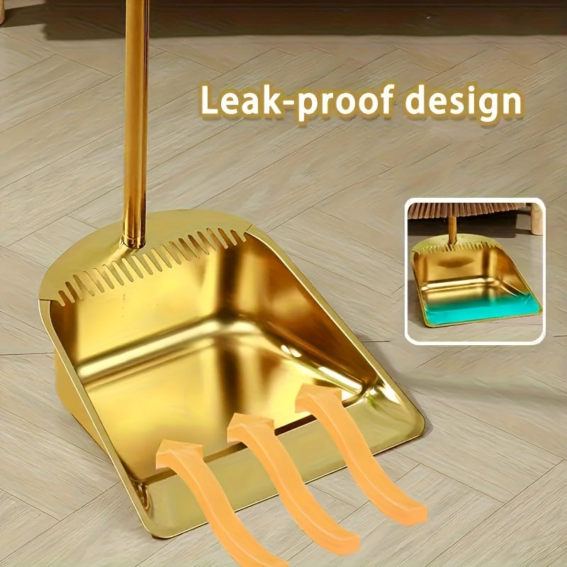 Premium Golden Stainless Steel Broom with Microfiber Bristles & 15° Angled V-Edge Dustpan – Floor-Safe, Hair-Trapping, Rubberized Bumper for Indoor & Outdoor Sweeping | Broom Only or Set