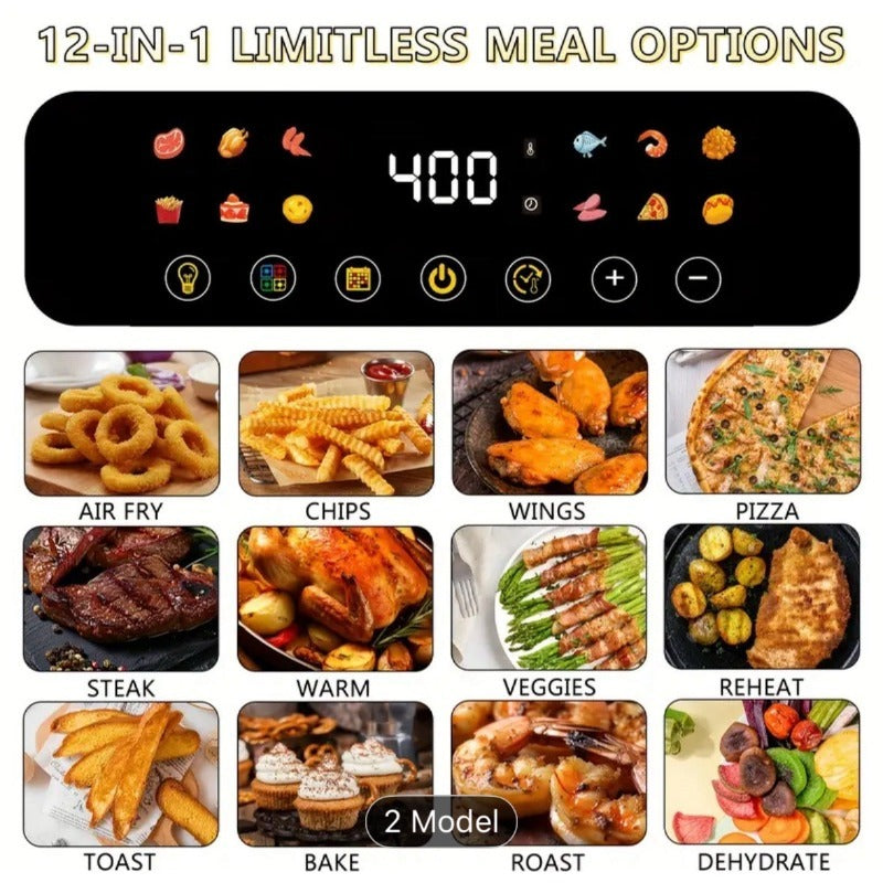 Large Capacity Air Fryer 6QT & 12QT with Visual Window Smart Auto-Cook Anti-Scald Handle for Chicken Fish and More