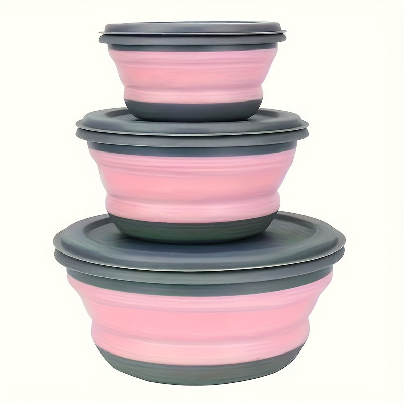 3-Pack Foldable Silicone Camping Bowls with Lids - Collapsible Stackable Food Containers with Storage Bag for Camping Hiking Salads Lunches, Rust-Proof PP, Pink Blue