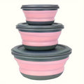 3-Pack Foldable Silicone Camping Bowls with Lids - Collapsible Stackable Food Containers with Storage Bag for Camping Hiking Salads Lunches, Rust-Proof PP, Pink Blue